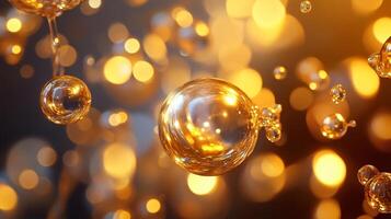 The image is a close up of a bunch of gold colored bubbles floating in the air. The bubbles are all different sizes and shapes, creating a sense of movement and energy. Scene is playful and whimsical photo