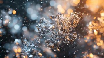 Snowflake with a metallic sheen and a bright orange background. The snowflake is surrounded by a blurry, glowing background that gives the image a dreamy, ethereal quality photo