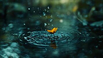 Small yellow flower is floating on top of a body of water. The water is calm and still, with ripples forming around the flower. Concept of tranquility and peacefulness photo