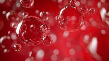 The image is of two red bubbles floating in the air. The bubbles are small and round, and they appear to be floating in a red liquid. Scene is playful and whimsical photo