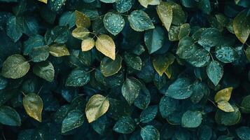 Close up of green leaves with droplets of water on them. The leaves are arranged in a way that creates a sense of depth and movement. The image conveys a feeling of freshness and vitality photo