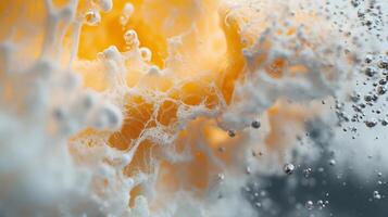 The image is of a wave crashing into a body of water, creating a spray of foam and bubbles. The foam is yellow and white, and the bubbles are scattered throughout the scene. Scene is one of excitement photo
