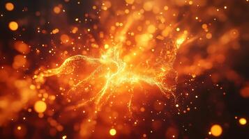 The image is a bright orange explosion of light and fire, with a lot of small, glowing particles scattered throughout the scene. Scene is energetic and dynamic, with a sense of movement and excitement photo