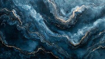 The image is a blue and gold swirl that looks like a wave. The colors are vibrant and the texture is smooth. Scene is calming and serene, as if it were a painting of the ocean photo