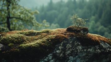 Small tree is growing on a mossy rock in a forest. The moss is green and the tree is small, but it stands out against the rocky background. The scene is peaceful and serene photo