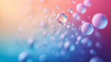 Colorful background with many small, clear, round bubbles. The bubbles are scattered throughout the image, with some closer to the foreground and others further back. Scene is playful and whimsical photo