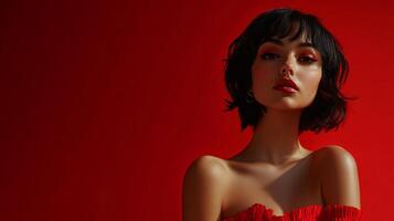 Woman in a red dress stands in front of a red background. She has red lipstick and her hair is styled in a bob photo