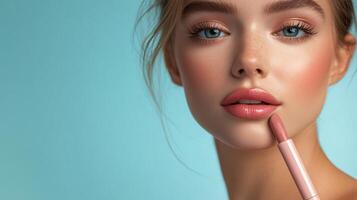 Woman is applying lipstick with a pink brush. Concept of beauty and self-care, as the woman takes the time to enhance her appearance photo