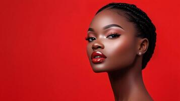 Woman with red hair and red lips is standing in front of a red background. Concept of confidence and boldness, as the woman's makeup and hair are both striking and attention-grabbing photo