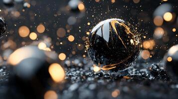 Black ball with a shiny surface is surrounded by a lot of glitter. The ball is the main focus of the image, and the glitter adds a sense of movement and energy to the scene photo