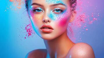 Woman with colorful makeup on her face. The makeup is in the form of powder and is scattered all over her face. The woman has a bright and colorful look, which gives the impression of a fun photo