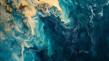 Painting of the ocean with a lot of blue and gold swirls. The painting has a lot of movement and depth, making it look like the ocean is constantly changing. The colors of the painting are vibrant photo