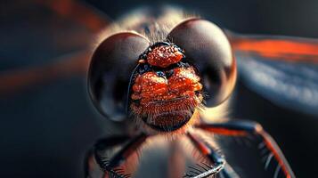 Close up of a dragonfly's face with red eyes. The insect's head is large and prominent, and its body is small and slender. Concept of wonder and fascination with the insect's unique features photo