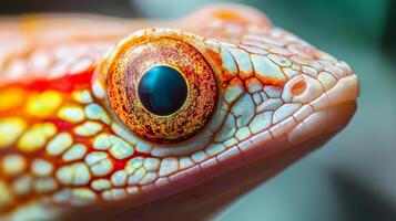Close up of a lizard's eye with a red and yellow pattern. The eye is large and prominent, drawing attention to itself photo
