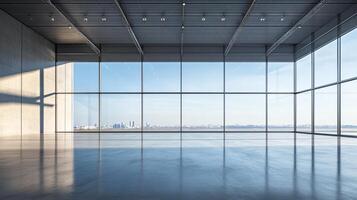 Large, empty room with a view of the city. The room is very open and has a lot of windows photo