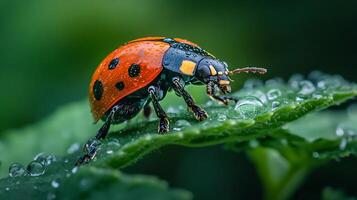 Ladybug is walking on a leaf. The ladybug is red and black with white spots photo