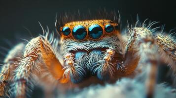 Close up of a spider with blue eyes and orange markings. The spider is sitting on a surface and he is looking at the camera photo
