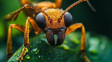 Close up of a brown ant with its head raised. The ant is surrounded by water droplets on the leaf it is standing on photo