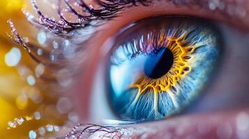 Close up of a person's eye with a blue iris and a yellowish tint. The eye is surrounded by a blurry background, giving it a dreamy, ethereal quality photo