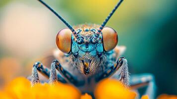 Close up of a bug with a blue head and orange body. The bug is on a yellow flower photo