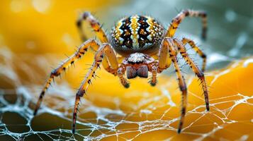 Spider is standing on a web. The spider is brown and white. The web is yellow photo