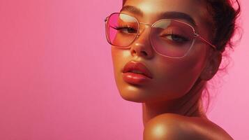 Woman with pink glasses and red lips. She is wearing a pink background photo