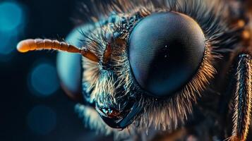 Close up of a bug's face with a blurry background. The bug has a long, pointy nose and a pair of large, black eyes photo