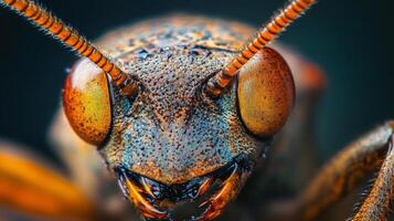 Close up of a bug's face with a blue and orange pattern. The bug has a large, red eye and a mouth photo