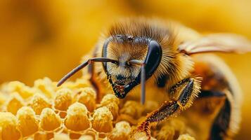 Bee is on a yellow flower. The bee is looking at the camera. The flower is yellow and has a fuzzy texture photo