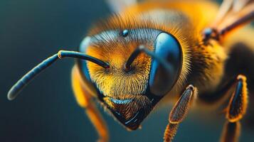 Close up of a bee's face with its mouth open. The bee is yellow and has a fuzzy appearance photo