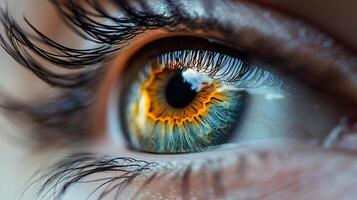 Close up of a person's eye with a blue iris and a yellowish tint. The eye is surrounded by long lashes and the iris is a bright blue color photo