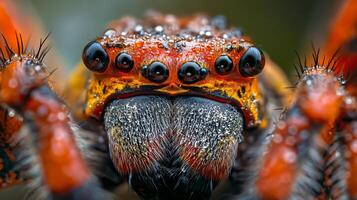 Close up of a spider's face with its eyes open and its mouth wide. The spider is orange and has a lot of hair on its face photo