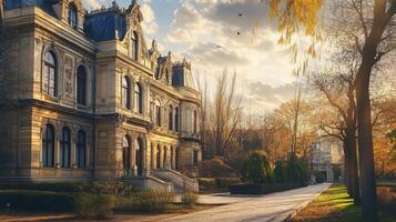 Large house with a large tree in front of it. The house is old and has a lot of windows photo