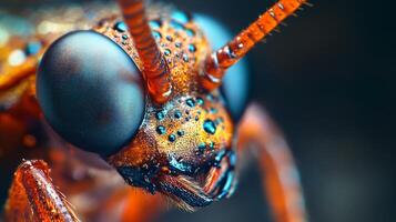 Close up of a bug's head with droplets of water on it. The bug is orange and has a black head photo