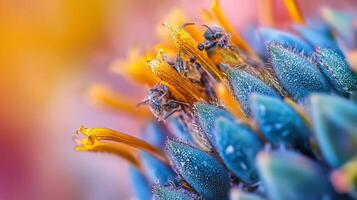 Close up of a flower with a blue center and yellow petals. The flower is surrounded by a blurry background photo