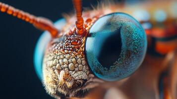 Close up of a bug's eye with a blue iris. The eye is surrounded by a brown and white pattern photo