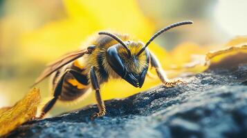 Yellow and black bee is on a rock. The bee is looking at the camera. The image has a warm and inviting mood photo