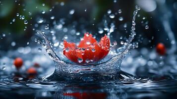 Red flower is in the middle of a splash of water. The splash is large and the flower is small photo