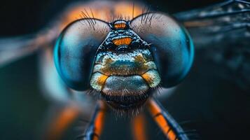 Close up of a dragonfly's face with blue and orange markings. The blue and orange colors create a sense of vibrancy and energy photo