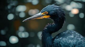 Black bird with a yellow beak stands in front of a body of water. The bird's head is turned to the side, and its eyes are open. The image has a serene and peaceful mood photo
