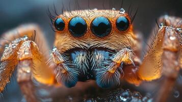 Spider with three eyes and a long body. The spider is on a rock and has water droplets on its back photo