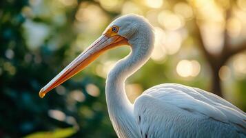 White pelican with a yellow beak stands in a lush green forest. The bird's bright yellow beak contrasts with its white feathers, creating a striking visual. Concept of serenity and harmony photo