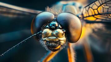 Close up of a dragonfly's face. The insect's eyes are large and prominent, and its mouth is open photo