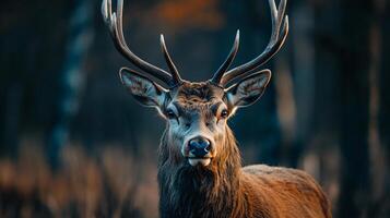 Deer with its head held high and its antlers visible. Concept of strength and power, as the deer stands tall and proud in its natural habitat photo