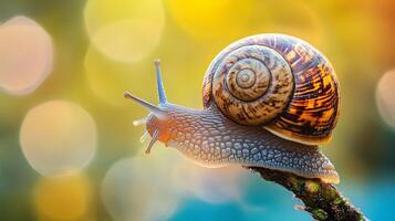 Small brown and tan snail is on a branch. The snail is looking up at the camera photo