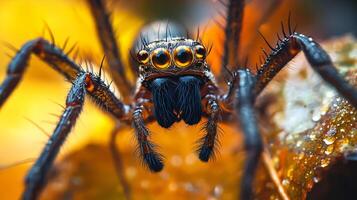 Spider with black and brown markings on its face is shown in a close up. The spider is on a leaf and he is wet photo