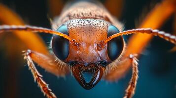 Close up of a bug's face with a mouth open. The bug is brown and has a black eye photo