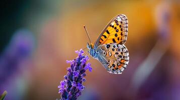 Butterfly is perched on a purple flower. The image has a serene and peaceful mood, as the butterfly is calmly resting on the flower photo