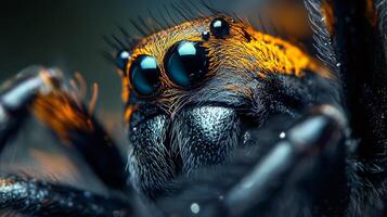 Close up of a spider's face with its eyes open. The spider is black and yellow photo