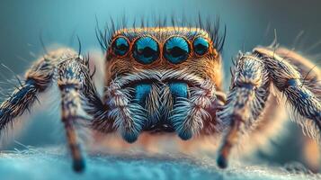 Spider with blue eyes and orange markings on its face. The spider is on a surface and he is looking at the camera photo